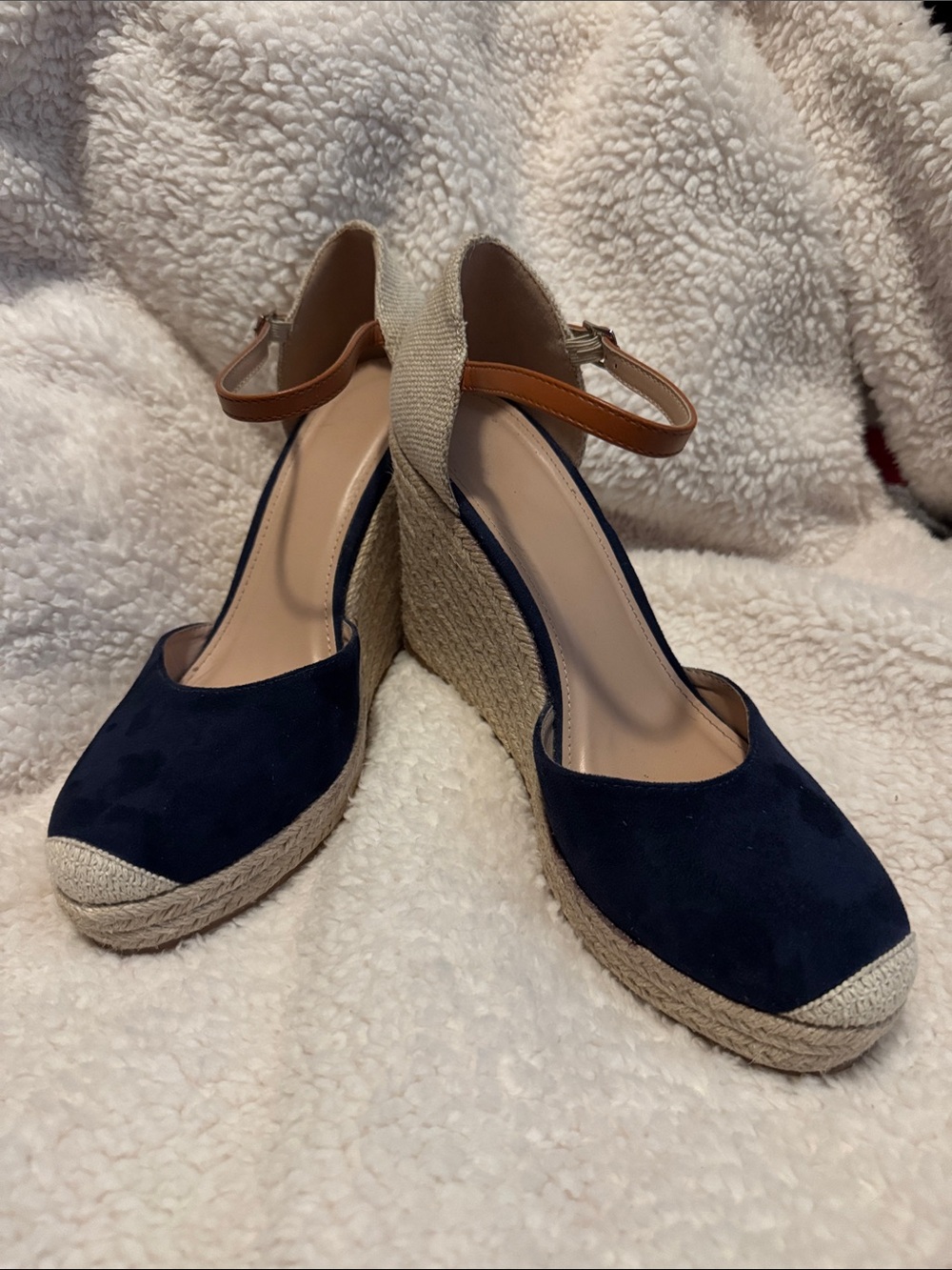 ZBY Wedge Sandals in Navy with Tan Ankle Strap